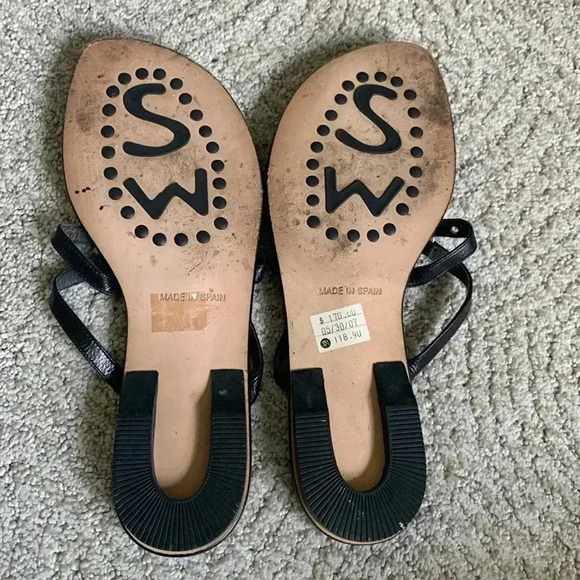 Stuart Weitzman Black Flat Sandals with silver metal accents - Picture 4 of 9